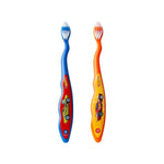 Two Hot Wheels themed child toothbrushes with car graphics and curved handles shown on a white background