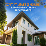Exterior photo of a modern house under blue sky with text advising to wait at least 2 hours before re-entry