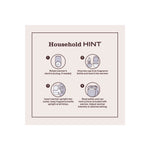 Household hint instruction panel with four numbered icons showing how to rotate plug, unscrew cap, insert warmer upright, and read safety info