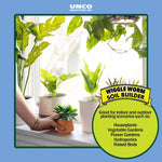 Indoor windowsill scene with potted houseplants and a hand holding a small planter beside a Wiggle Worm Soil Builder info badge.