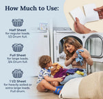 Instructional graphic showing how much detergent sheet to use with photo of a woman and child sorting laundry by a dryer