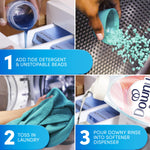 Step-by-step how-to collage showing Tide detergent, unstoppables beads, tossing laundry, and pouring Downy Rinse into softener dispenser