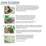 Instruction sheet titled 'How to Grow' with step-by-step photos and text explaining filling, watering, popping out cells, and care for trays