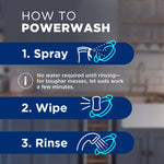 Instructional graphic titled ‘HOW TO POWERWASH’ with three steps: 1. Spray, 2. Wipe, 3. Rinse and simple icons