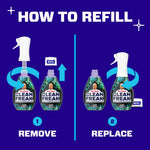 Illustrated step-by-step graphic showing how to remove and replace the Clean Freak reusable sprayer on refill bottles.