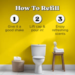 How-to graphic over a yellow wall showing steps to refill: 'Give it a good shake', 'Lift cap & pour in', with a toilet and stool scene below.