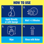 How-to-use four-step panel with icons: apply, wait 1–3 minutes, wipe, and rinse with water on blue and yellow tiles