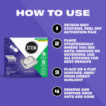Purple how-to-use panel showing numbered steps and a small product box image explaining bait station setup and disposal