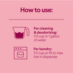Pink how-to-use panel with measuring-cup icon and directions for cleaning and laundry with amounts shown