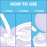 Instructional graphic titled 'How to Use' with three panels: click, clean, trash for pad usage