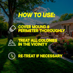 How-to-use infographic over a landscaped yard background listing cover mound & perimeter thoroughly treat all colonies and re-treat if necessary.