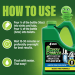 How-to-use graphic showing dosage icons and a partial Green Gobbler bottle with instructions text