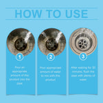 Step-by-step 'HOW TO USE' infographic with three circular photos of a drain and brief numbered instructions beneath each image.