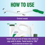 Instruction graphic showing how to extend the wand and attach hose plug to the container cap with usage text below.