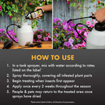 How-to-use panel showing two images of filling and spraying a tank sprayer plus numbered usage instructions on dark background.