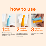Step-by-step usage graphic showing finger brush, tongue scraper, and cleaning step with photos of the blue and orange silicone tools.