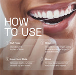 How-to-use graphic showing a person flossing with step-by-step instructions overlaid on the image.