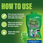 Instructional graphic titled 'HOW TO USE' showing a Green Gobbler bottle and three step icons and text