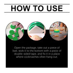 how-to-use graphic showing green roach bait stations, double-sided tape applied underneath, and units placed on a floor