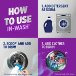 How-to infographic showing three steps for in-wash use: add detergent, scoop and add powder, add clothes to drum