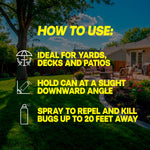 Outdoor yard scene with instructional icons and bold yellow text explaining how to use the product