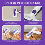 Instructional graphic showing step-by-step use of the BLACK+DECKER pet hair remover and cleaning steps