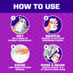 Instructional graphic titled 'How to Use' showing wetting, squeezing, erasing and rinsing steps with illustrated Magic Eraser panels