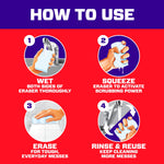 Instructional panel titled "How to Use" with four illustrated steps showing wetting, squeezing, erasing and rinsing a Magic Eraser