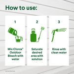 Three-step how-to graphic with icons showing mix, saturate with pump sprayer, and rinse with water