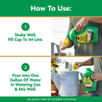 Instruction panel showing two steps with photos of a person pouring Miracle-Gro into a cap and mixing into a watering can