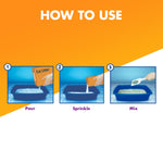 Three-step illustrated 'how to use' panel showing pour, sprinkle, and mix actions for applying litter deodorizer