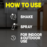 Instructional graphic on tiled floor background with icons and text: “HOW TO USE - SHAKE, SPRAY, FOR INDOOR & OUTDOOR USE.”