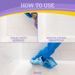 Three-panel how-to-use graphic showing spray, stains disappearing, and rinsing with a cloth