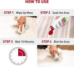 How-to-use infographic with four panels: wipe up mess, soak area with product, wait 15 minutes, then blot the area.
