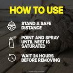 Instructional graphic over a blurred wasp nest background listing how to use: stand a safe distance, point and spray, wait 24 hours