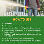 How to use panel with a person spraying lawn and numbered instructions for connecting hose and using the sprayer