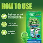 How to use panel showing steps with icons and a product box image for Green Gobbler drain packs