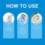 How-to-use infographic with three circular images illustrating placing a tablet in the tank, dissolving, and flushing