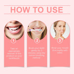 How to use infographic with three numbered panels showing smiling mouths and steps to apply toothpaste, brush gently, and rinse.