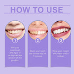 Three-step how-to-use graphic with circular close-ups of teeth for steps: wet brush, brush three minutes, and rinse mouth