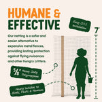 Informational panel titled 'Humane & Effective' with silhouette of person next to netting and text callouts about heavy duty polypropylene.