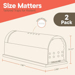 Illustrated dimension diagram of a slim humane mouse trap with air holes and measurements, labeled 2 Pack