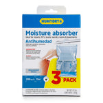 Front-facing Humydry retail box labeled "Moisture absorber" with a large yellow "3 PACK" callout on the lower right.
