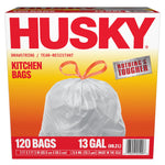 Angled front view of Husky kitchen bags box showing large logo, tied white bag artwork and 120 bags / 13 gal callout