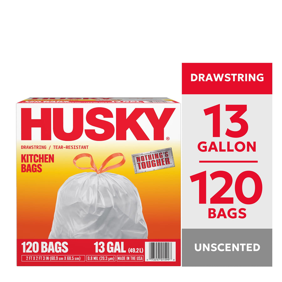 Front of Husky kitchen bags box with large logo, tied white trash bag and panels showing 13 gallon and 120 bags