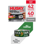 Husky 42-gallon contractor clean-up bag box above a roll of Duck Tape silver duct tape with green feature panel
