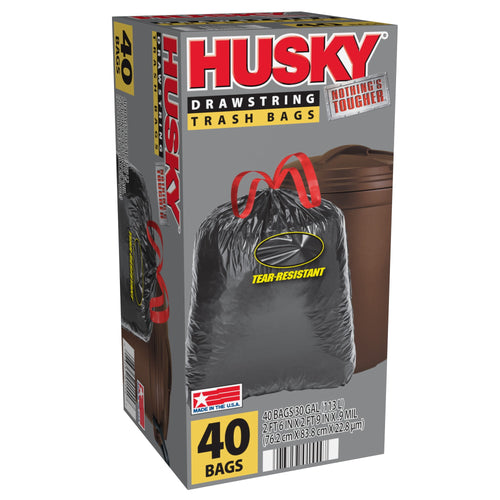 Single Husky drawstring trash bag box angled to show front and side artwork with red Husky logo and 40 bags callout