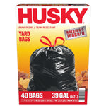 Front product shot of Husky yard bag box showing HUSKY logo, tied black bag image, and 40 bags / 39 gal callout at bottom.