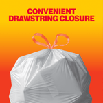 Bold Husky graphic of a tied white trash bag on orange background with headline ‘Convenient Drawstring Closure’