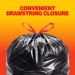 Close crop of a tied black drawstring yard bag with red ribbon and headline 'Convenient Drawstring Closure' on orange background.